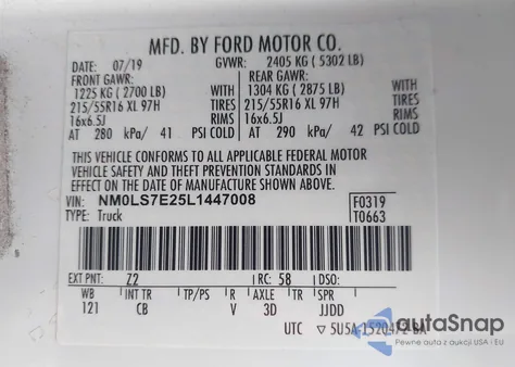 2020 Ford Transit Connect Xl z USA, uszkodzony, nr VIN NM0LS7E25L1447008